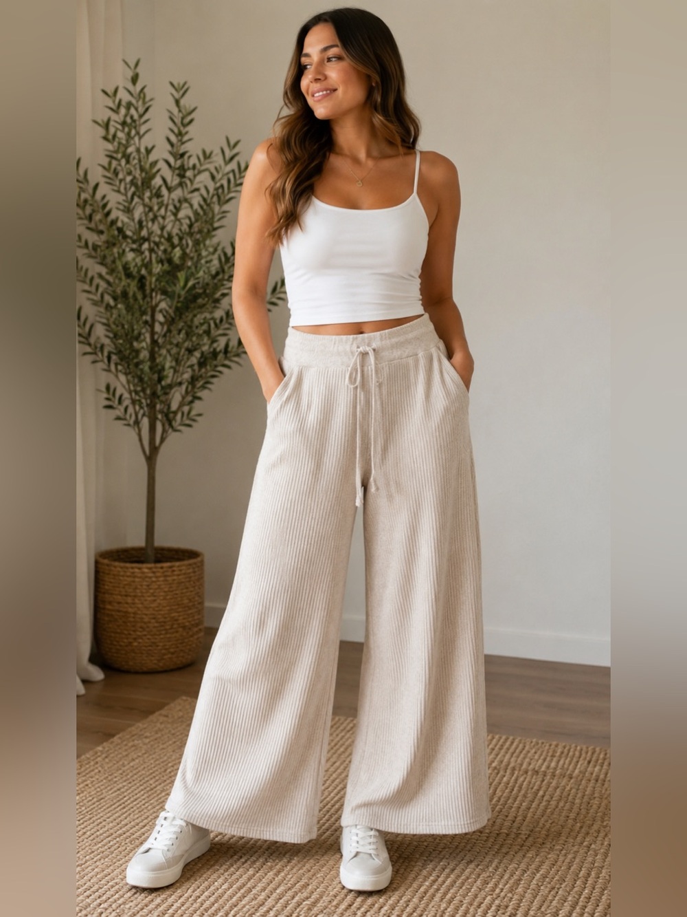 Aerie Ribbed Wide Leg Lounge Pants – Cream/Beige – Size XS